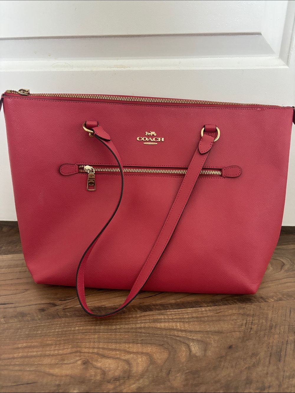 COACH Pink-Red Leather Zip Tote with Gold Hardware